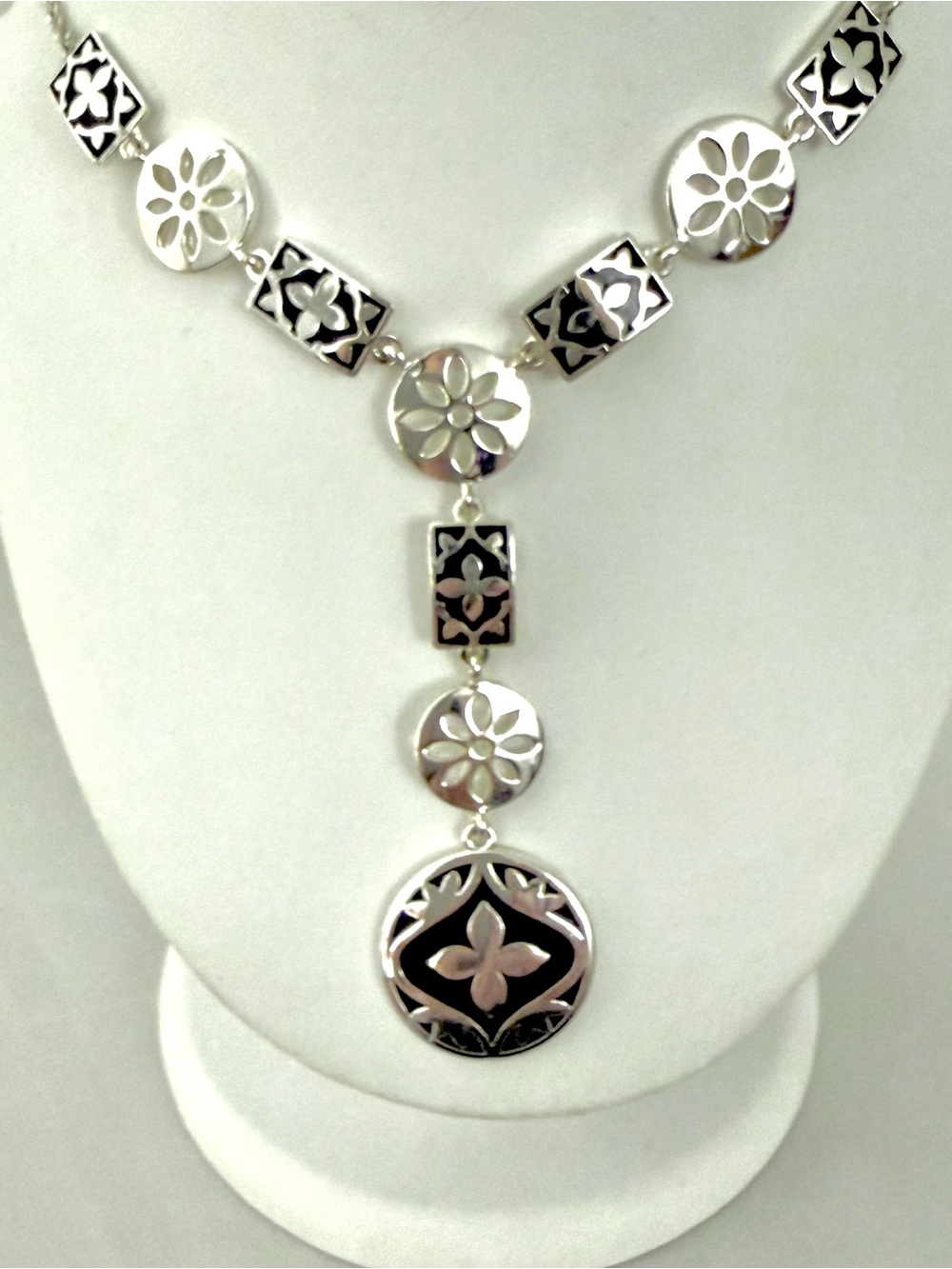 Liz & Co S925 Sterling Silver Black Enamel Floral Y Drop Necklace 16-18"